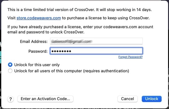 CodeWeavers CrossOver regisztrálása. Kattintás a nagyobb mérethez!